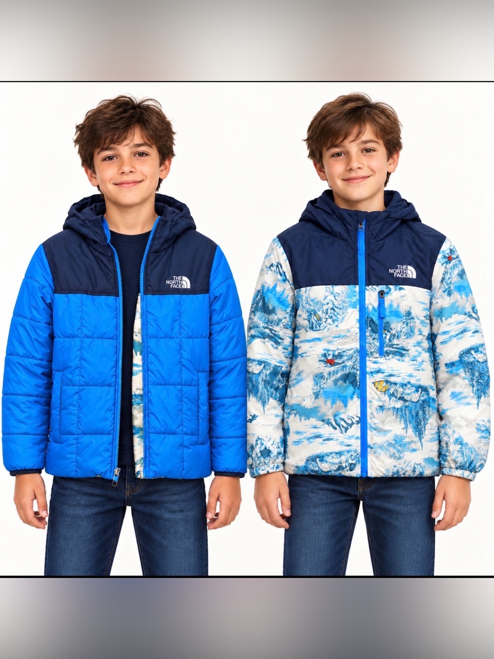 The North Face Boys' Blue Hooded Puffer  reversible jacket  M (10-12)